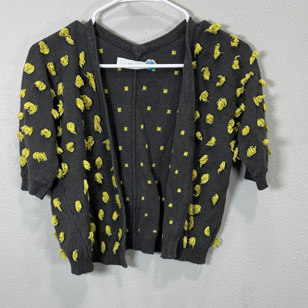Women's Charcoal Open-Front Sweater with Yellow Knit Accents Large